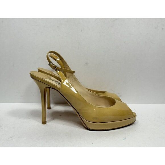 Jimmy Choo Patent Leather Tan High Heels Slingback Peep Toe Womens Size 7 / 37 - Picture 1 of 11